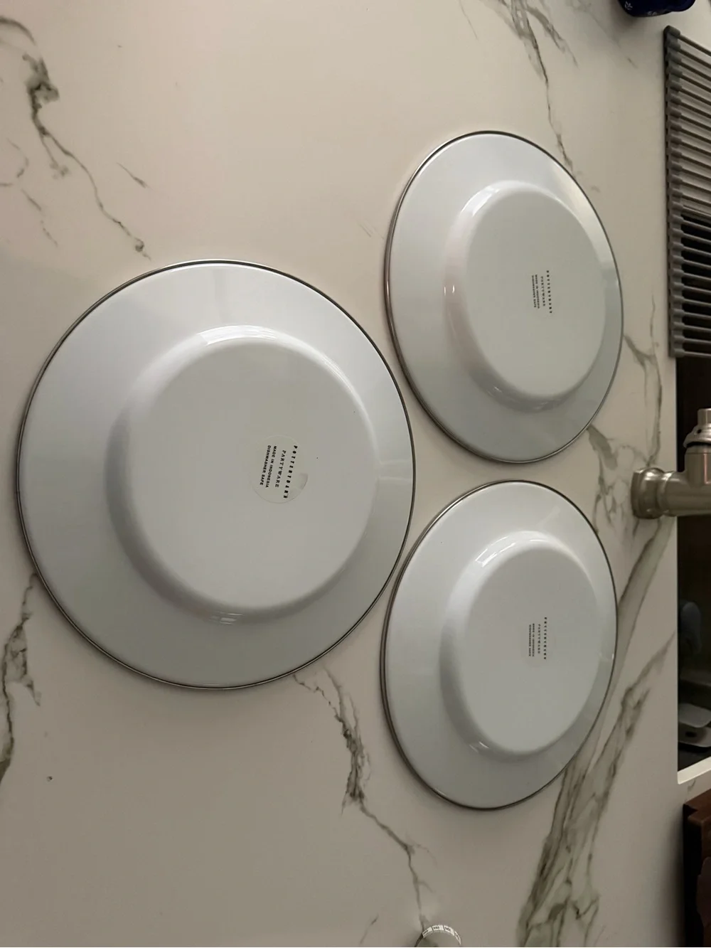 Pottery Barn White  Enamel 12” buffet dinner plate w/Silver Rim - Set of 3